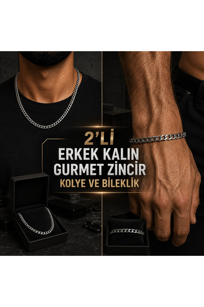 staınless steel 2’li Erkek Çelik Kalın Gurmet Zincir Kolye ve Bileklik Seti