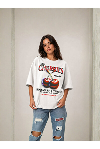 Genel Markalar Beyaz Grafik Baskılı Oversize T-shirt