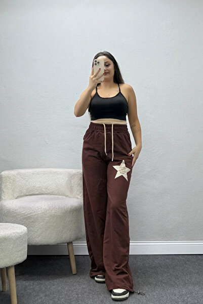 BELENDİR Women's Star Printed Modal Sweatpants Brown Beige
