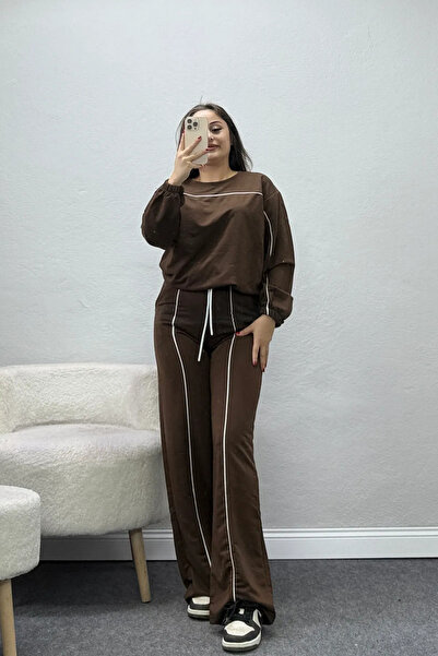 BELENDİR Women's Two-Thread Ribbed Tracksuit Set Brown
