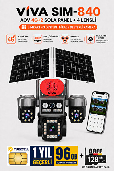 VİVA Sim-840 Çift Güneş Panelli 4G Sim Kartlı Kablosuz 4 Lensli Güvenlik Kame...