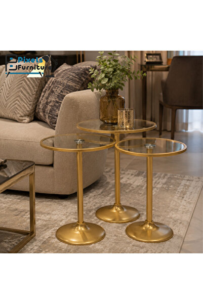 PixelsFurniture طقم طاولات تقديم من بكسل الأثاث، مكون من 3 قطع بسطح زجاجي مقا...