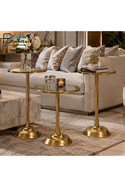 PixelsFurniture طقم طاولات تقديم من بكسل الأثاث، مكون من 3 قطع بسطح زجاجي مقا...