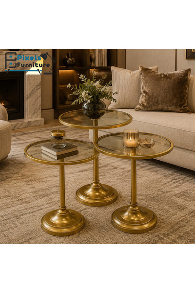 PixelsFurniture طقم طاولات تقديم من بكسل الأثاث، مكون من 3 قطع بسطح زجاجي مقا...