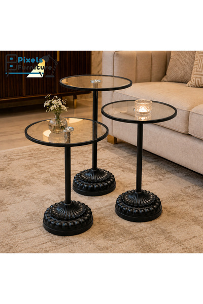 PixelsFurniture طقم طاولات تقديم من بكسل الأثاث، مكون من 3 قطع بسطح زجاجي مقا...