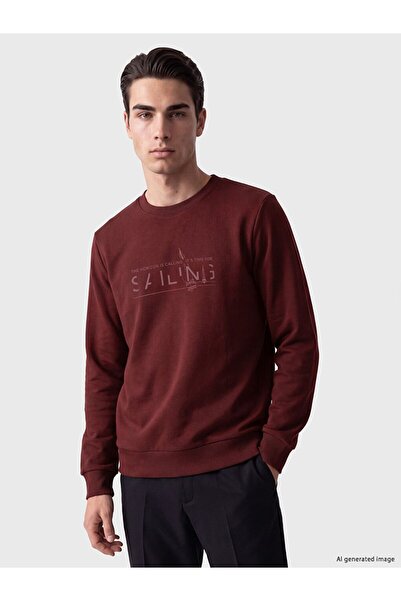 LC Waikiki Lcwaikiki Classic Claret Red Crew Neck Printed Men's Sweatshirt