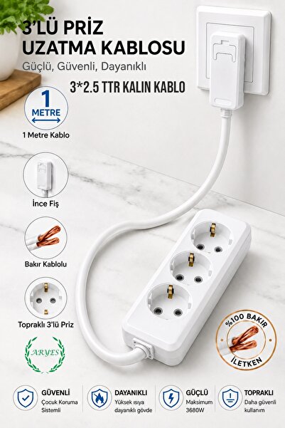 Aryes 3’lü 1 Metre Uzatma Prizi 3x2,5 mm² TTR Kalın Bakır Kablolu İnce Fişli ...