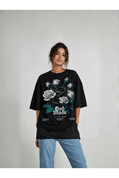 Siyah Grafik Baskılı Oversize T-shirt