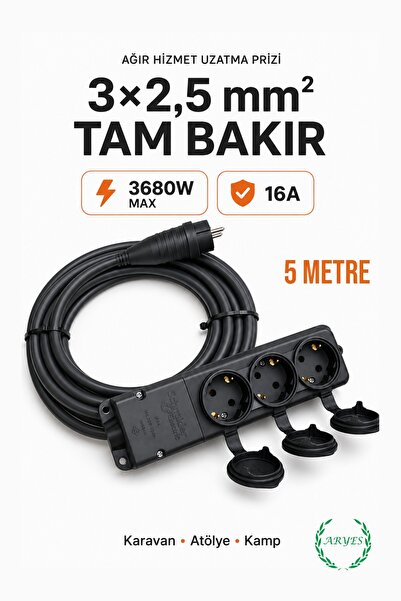 Aryes 3’lü 5 Metre Schneider Kauçuk Gövdeli fişli Uzatma 3x2,5 mm² Tam Bakır ...