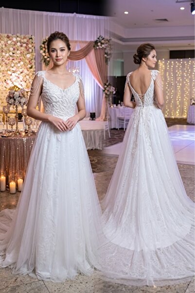 JABO WEDDİNG HOUSE GELİNLİK 38 BEDEN A KESİM DANTEL VE TAŞ İŞLEMELİ TÜL GELİNLİK