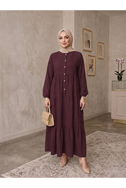 ECEYLÜL MODA %100 Pamuk Önü Düğmeli Siyah Salaş Bol Kesim Kat Kat Uzun Tesett...
