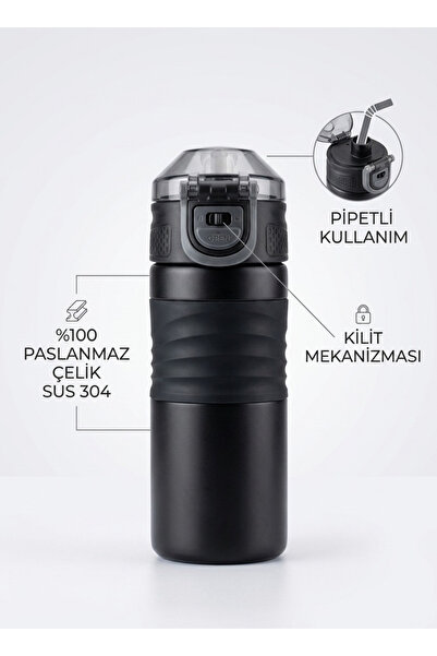 tiny wood Premium 304 Stainless Steel Lockable Thermos Flask with Straw 450 m...