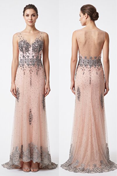 JABO WEDDİNG HOUSE ABİYE ANTRASİT TAŞİŞLEME DETAYLI SOMON 36 BEDEN