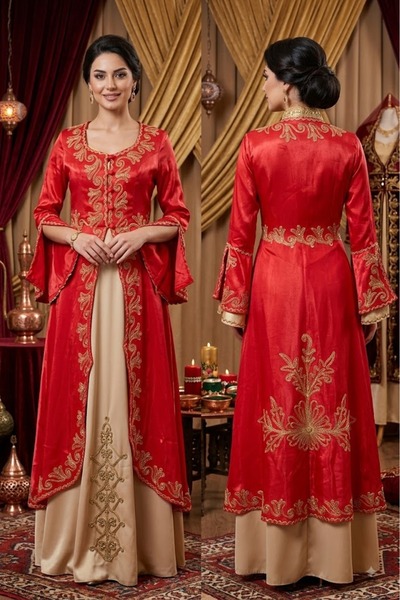 JABO WEDDİNG HOUSE KAFTAN KIZI GOLD NAKIŞ İŞLEMELİ SATEN TAKIM KAFTAN 36-38 B...