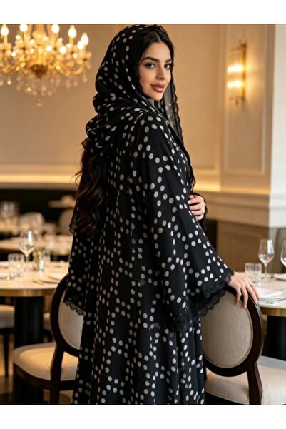 Classy She Stylish Polka Dot Lace-trimmed Abaya Set (with Matching Headscarf)