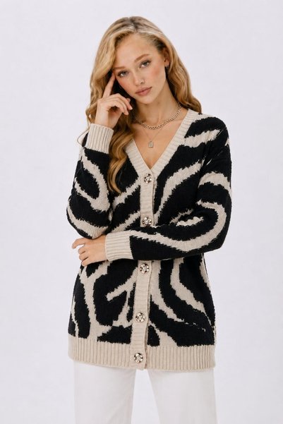 H&E LUXURY DESIGN Women's V-Neck Patterned Knitwear Cardigan Black Ecru Patterned Buttoned Long Sleeve Knitted Cardigan