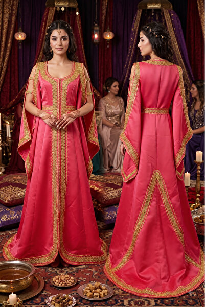 JABO WEDDİNG HOUSE KAFTAN AÇIK KIRMIZI GOLD NAKIŞ İŞLEMELİ TEK ÜST KAFTAN CEK...
