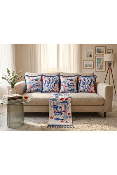 KEDİ Aegean Breeze Linen Set 4 Cushion Covers 1 Runner