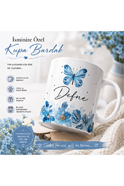 ElyNowa Kişiye Özel İsimli Mavi Kelebekli Kupa Bardak – Çiçek Desenli Kişisel...