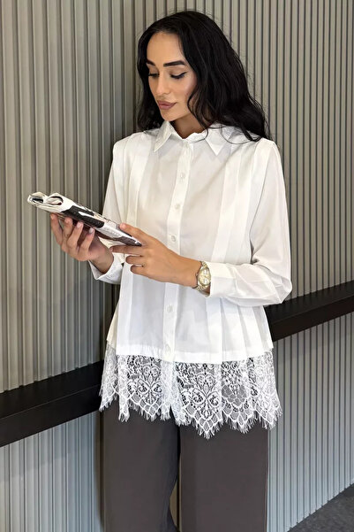 TOZLU Women's Pleated Lace Shirt