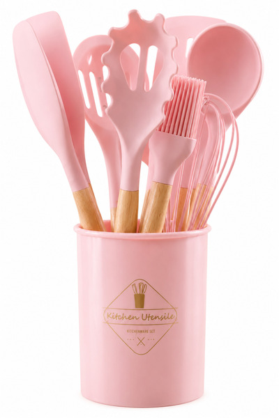 Aşkana 12-Piece Heat-Resistant Silicone Kitchenware Set with Stand and Wooden...