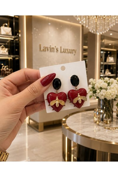 Lavin's Aria Heart & Bee Detailed Black Stone Burgundy Earrings