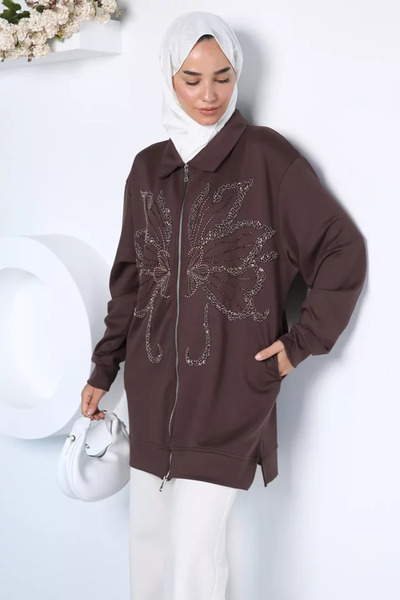 TOZLU Stone Embellished Zippered Shirt Collar Hijab Jacket