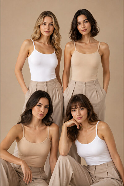 Nymora Women's 4-Piece Thin Strap Cotton Flexible Basic Undershirt White-Tan