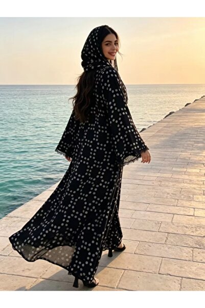 Classy She Stylish Polka Dot Lace-trimmed Abaya Set (with Matching Headscarf)