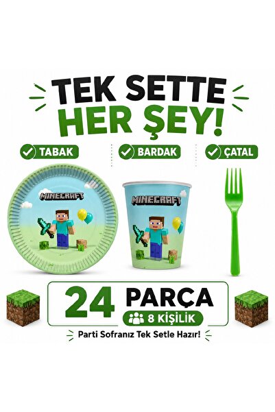 Bkmc Minecraft Temalı Doğum Günü Parti Seti | 8 ve 16 Kişilik | Tabak Bardak ...