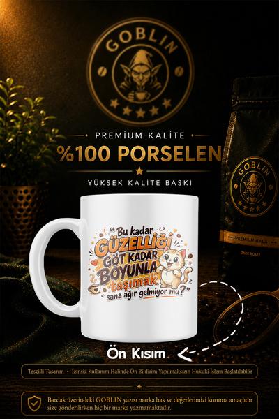Goblin Esprili Kedi Figürlü Komik Yazılı Porselen Kupa Hediyelik Kahve Çay Ba...