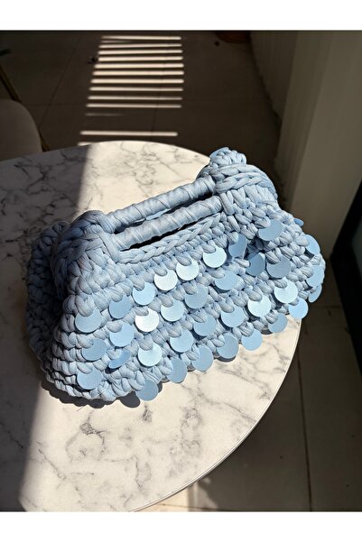 nurjewelry Buz Mavisi Payetli Örgü clutch Çanta