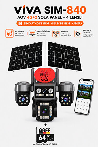 VİVA Sim-840 Çift Güneş Panelli 4G Sim Kartlı Kablosuz 4 Lensli Güvenlik Kame...