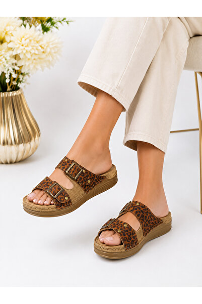 MULEX Women's Comfortable Thick-Soled Stitched Buckle Leopard Detail Slippers