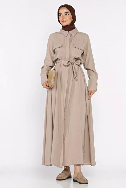 TOZLU Polo Collar Waist Belted Double Pocket Hijab Dress