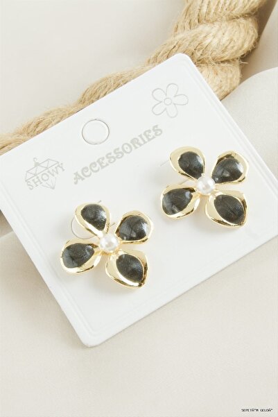 ZERO LAND Spt-Gld Flower Pearl Enamel (152244) Earrings Black