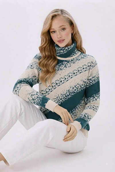 EMR Online Women's Patterned Knitwear Sweater Turtleneck Petrol Ecru Long Sle...