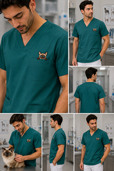 mirach Caramel Masculin Veterinar Scrubs Siamese Cat Top cu buzunar cu broderie