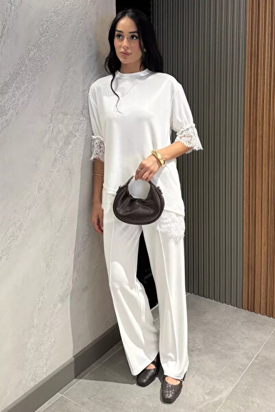 TOZLU Lace Detailed Blouse Trousers Kubra Modal Double Set