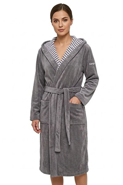 Unisex Kapüşonlu Kuşaklı Bornoz – Gri