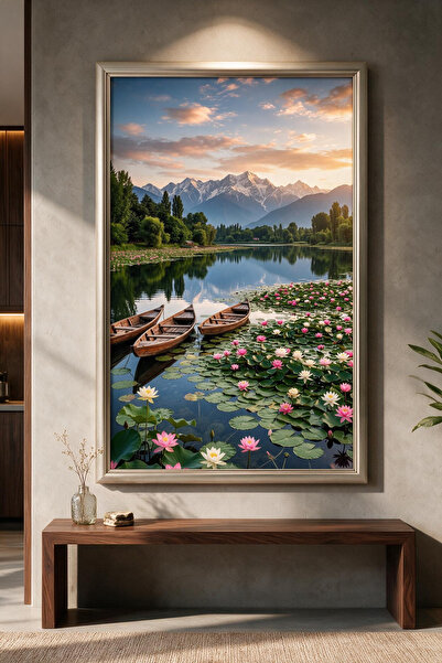 ARTAN GALLERY Dağ Göl Manzarası İtalyan Kadife Tablo 40 mm Kalın Çerçeveli Ya...