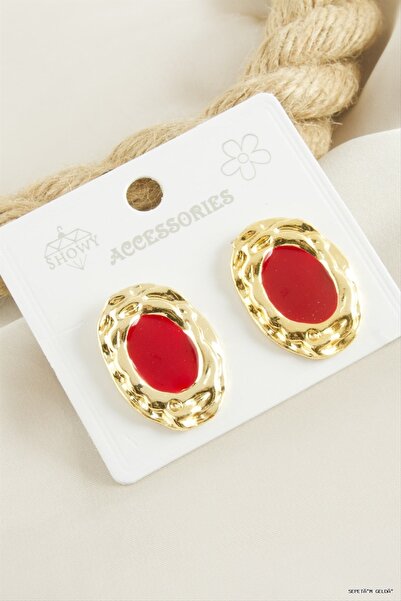 ZERO LAND Spt-Gld Oval Enamel (133214) Earrings Red