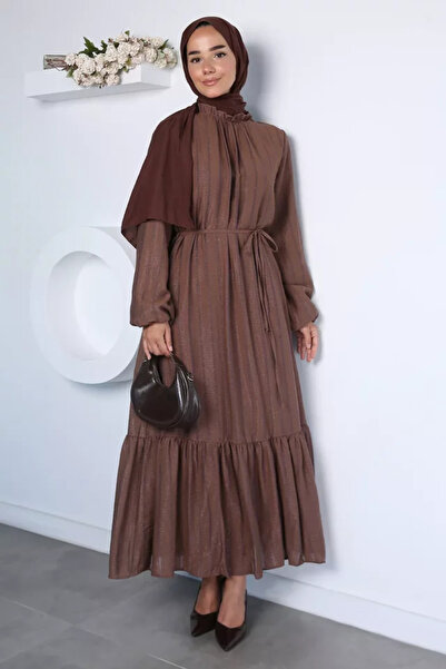 TOZLU Patterned Hijab Dress with Elasticated Waist and Tie at the Ankle