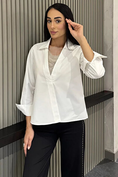 TOZLU Women's Front Beaded Detailed Shirt
