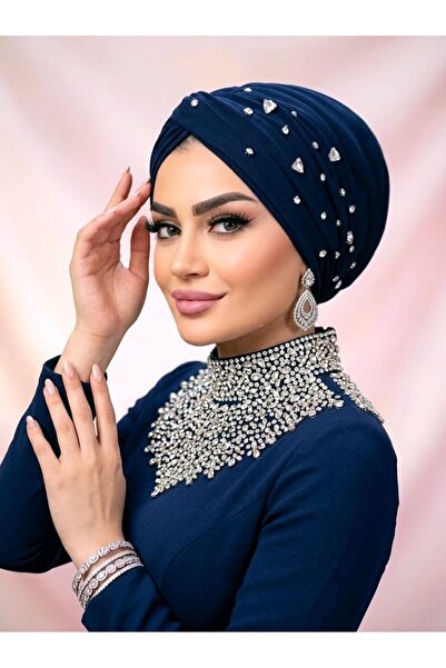 Moda Nurhan Önü Taşlı Lacivert Dolgulu Düğümlü Bone