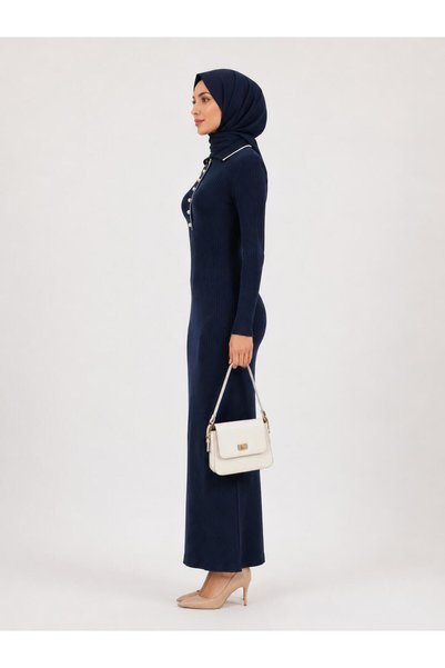 kılıçbey tekstil Women's Long Hijab Dress with Ribbed Shirt Collar and Buttoned Model