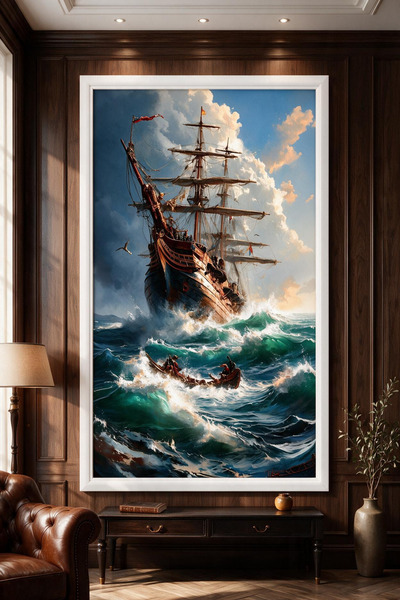 ARTAN GALLERY Kadife Yelkenli Gemi Tablo 40 mm Çerçeveli Yağlı Boya Görünümlü...