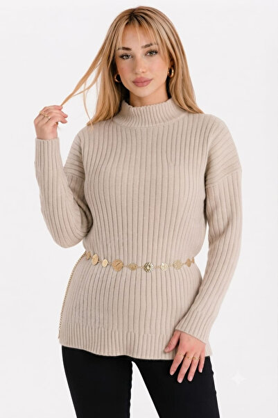 EMR Online Women's Beige Turtleneck Ribbed Knitwear Sweater Long Sleeve Styli...
