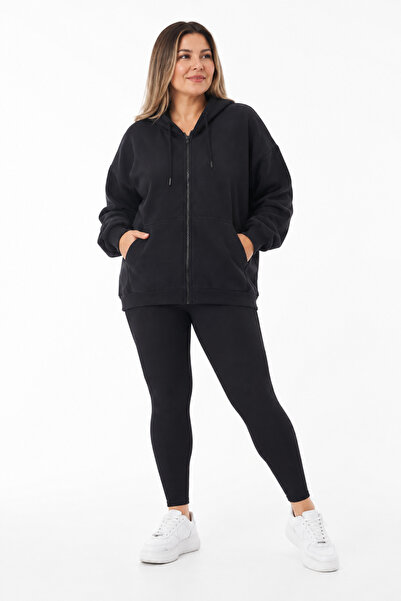 BARLİZ Women's Oversize Pocket Zipper Hooded Sweatshirt Cardigan