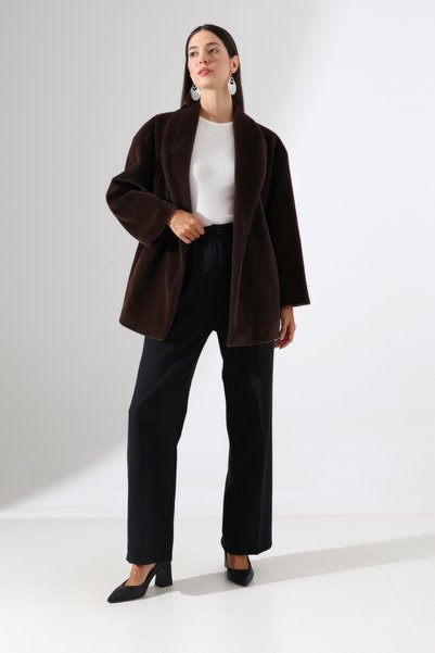 Talsmoda Women's Brown Oversize Goldfox Blazer with Belt